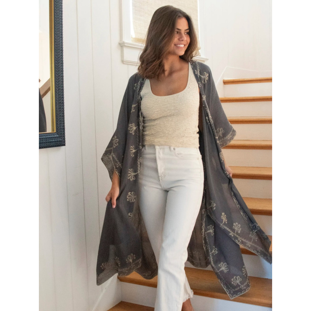 NWT Natural Life Jamie Embroidered Duster Charcoal Gray OS Boho Festival
